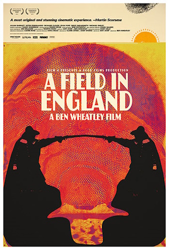 Affiche de A Field in England - Un étrange soleil rouge et deux silhouettes miroir se font face en brandissant un pistolet